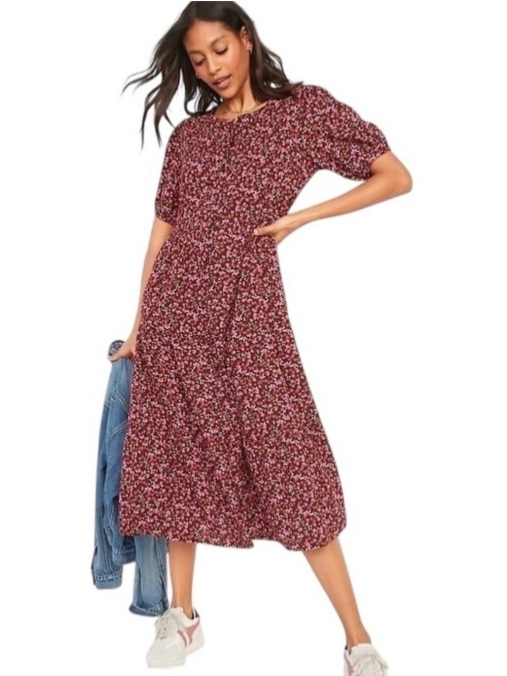 Old Navy Burgundy Floral Puff Sleeve Tiered Midi Dress Cottagecore Boho Prairie